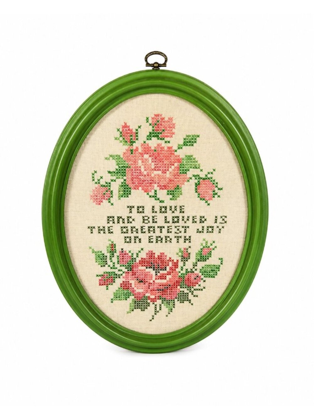 Vintage Cross Stitch Framed Floral To Love and To Be Loved Is the Greatest Joy